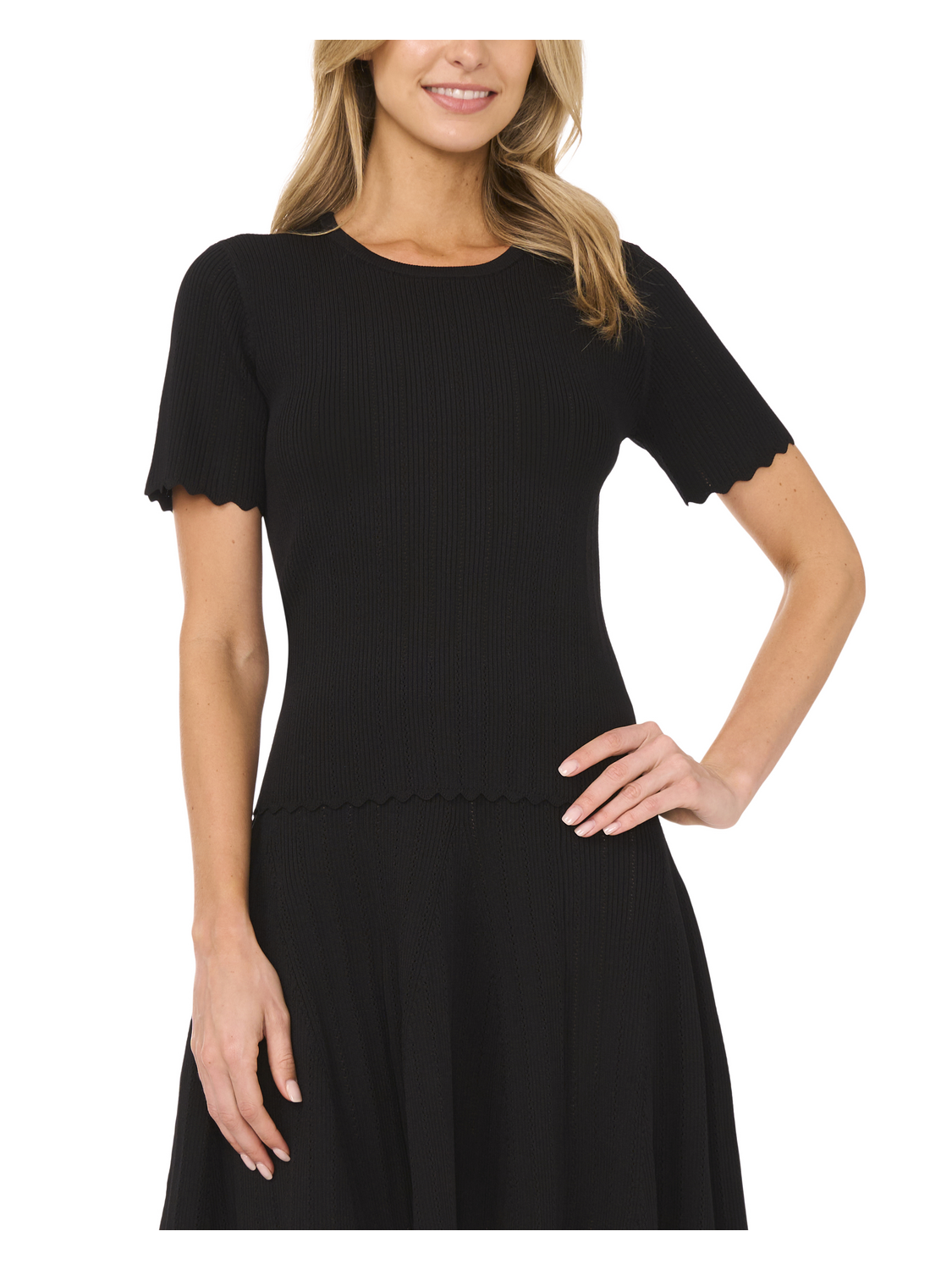 SHORT SLEEVE POINTELLE & RIB TOP | RICH BLACK