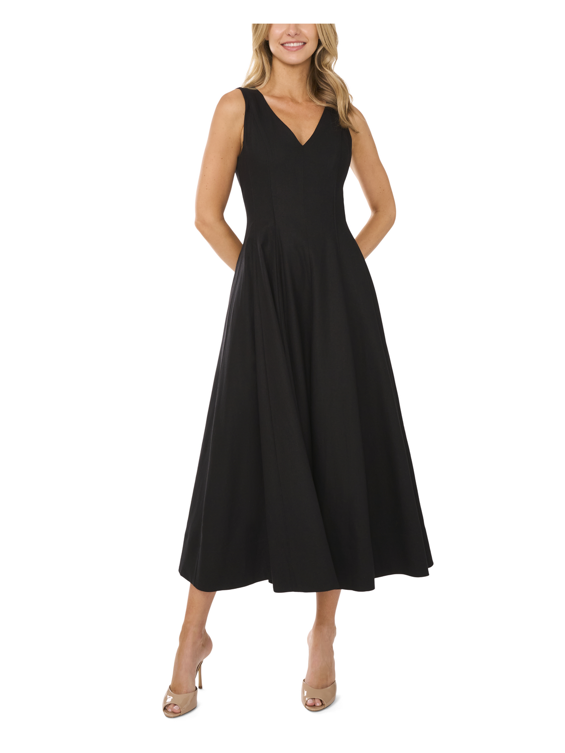 SLEEVELESS V-NECK PLEATED MAXI DRESS | RICH BLACK