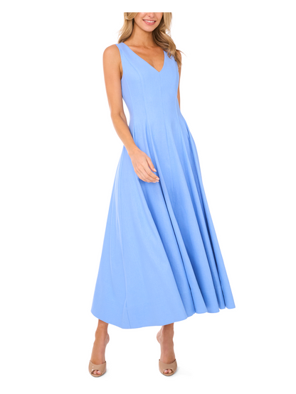 SLEEVELESS V NECK PLEATED MAXI DRESS | HYDRANGEA