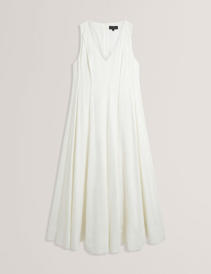 SLEEVELESS V-NECK PLEATED MAXI DRESS | ULTRA WHITE