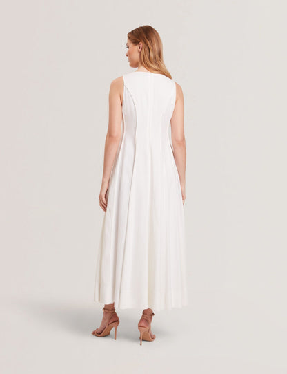 SLEEVELESS V-NECK PLEATED MAXI DRESS | ULTRA WHITE