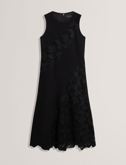 SLEEVELESS LACE APPLIQUE MIDI DRESS | RICH BLACK