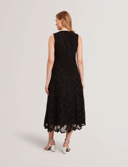 SLEEVELESS LACE APPLIQUE MIDI DRESS | RICH BLACK