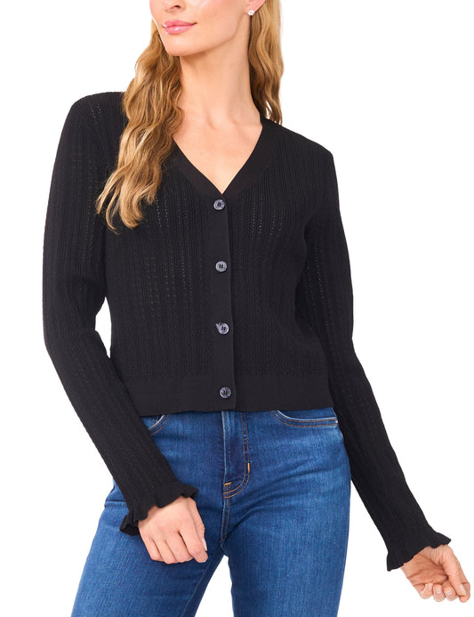 V-NECK CROP CARDIGAN WITH RIB | RICH BLACK