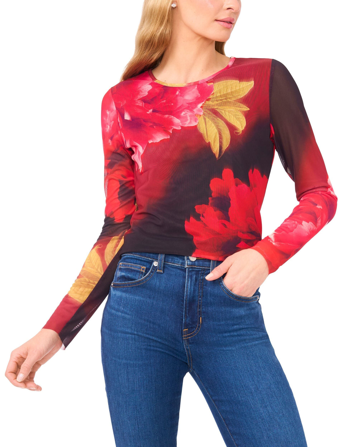 LONG SLEEVE MESH TOP | FLAME SCARLET