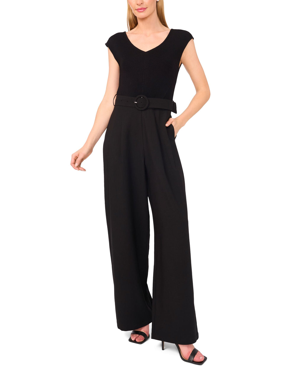 V-NECK JUMPSUIT WITH WOVEN BOTTOM | RICH BLACK
