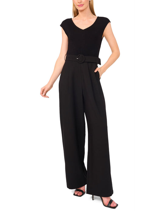 V-NECK JUMPSUIT WITH WOVEN BOTTOM | RICH BLACK