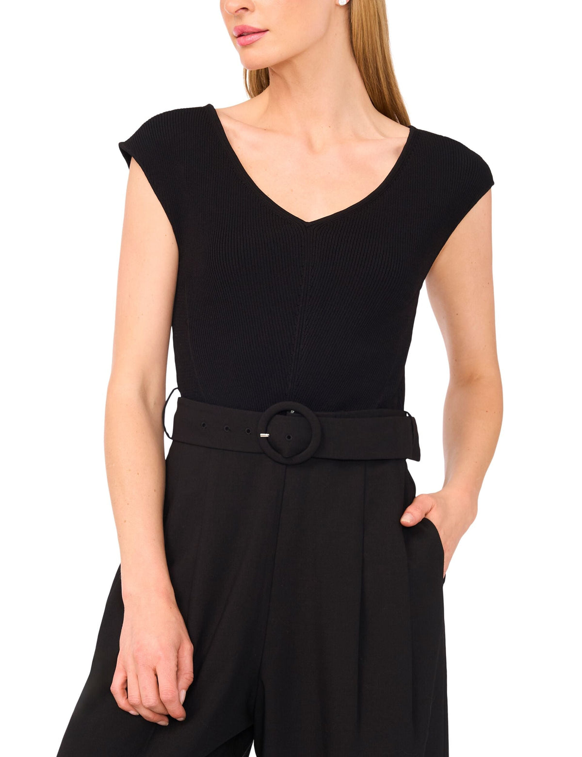 V-NECK JUMPSUIT WITH WOVEN BOTTOM | RICH BLACK