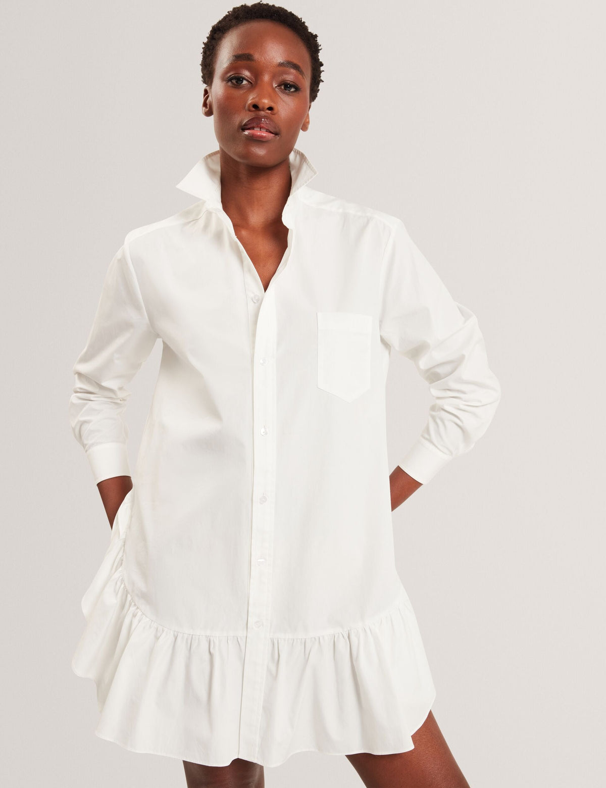 LONG SLEEVE RUFFLE SHIRT DRESS | ULTRA WHITE