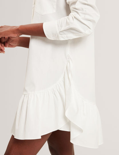 LONG SLEEVE RUFFLE SHIRT DRESS | ULTRA WHITE