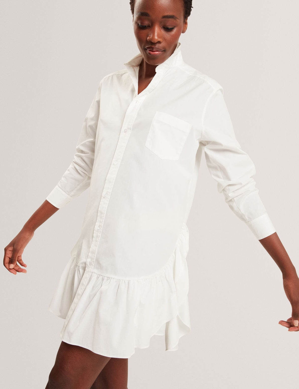 LONG SLEEVE RUFFLE SHIRT DRESS | ULTRA WHITE