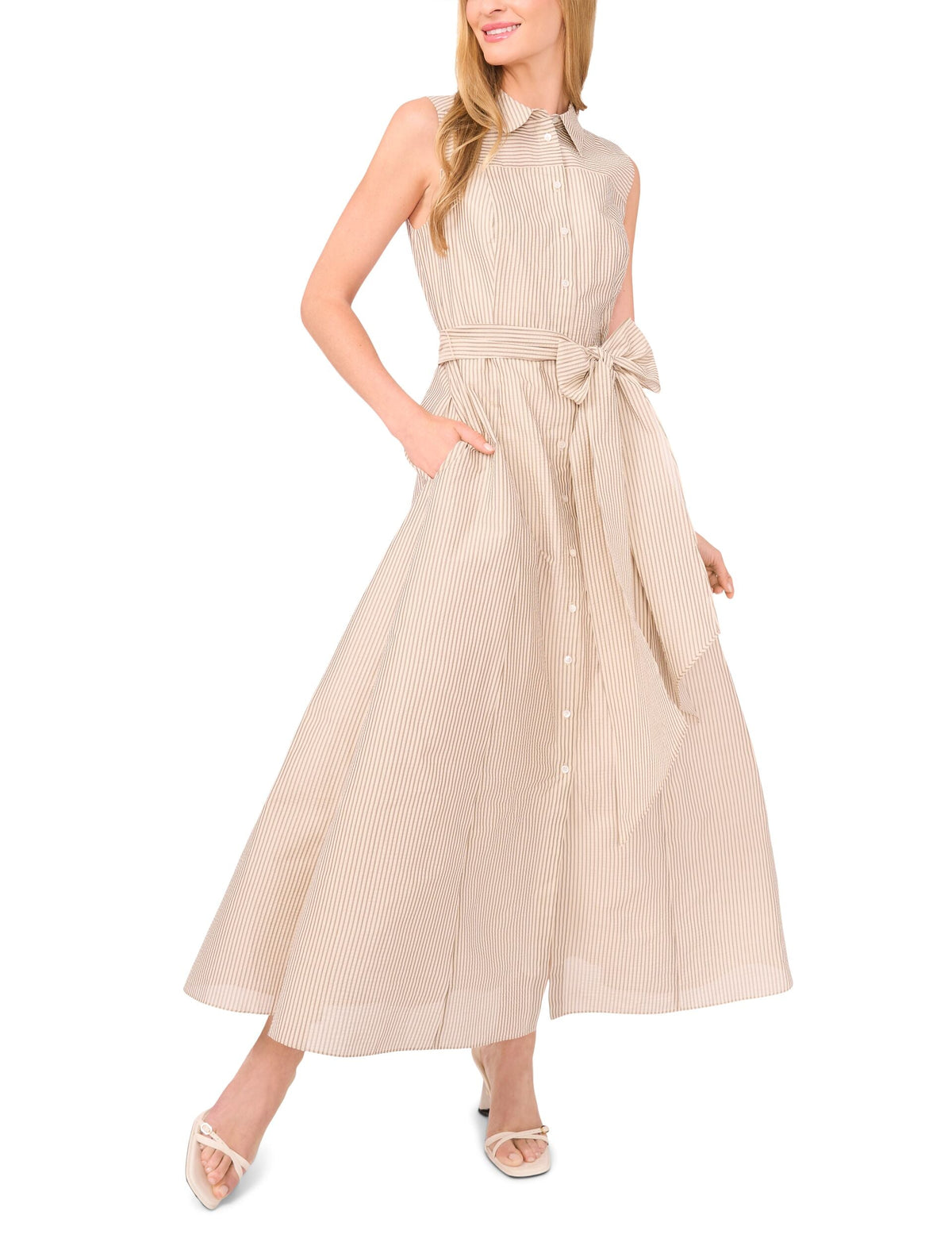 SLEEVELESS SHIRT MIDI DRESS WITH DOUBLE SLIT | TAUPE BISQUE
