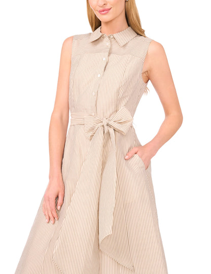 SLEEVELESS SHIRT MIDI DRESS WITH DOUBLE SLIT | TAUPE BISQUE