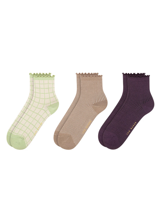 3 PK Women's Non Terry Ruffle Anklet | LT-GREEN